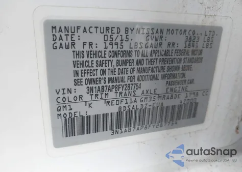 2015 Nissan Sentra Fe+ S/S/Sl/Sr/Sv z USA, uszkodzony, nr VIN 3N1AB7AP8FY287754